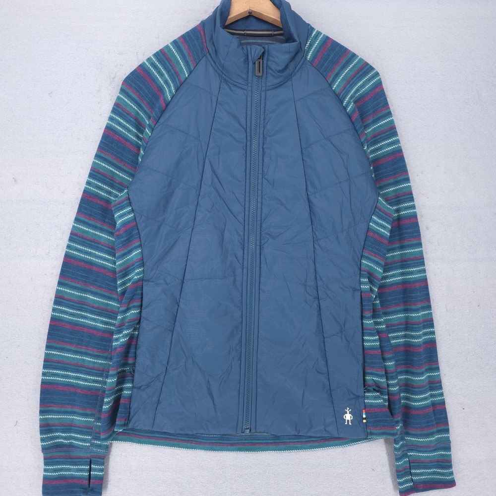 Smartwool Jacket Womens Large Blue Striped Wool Blend Full Zip Insulated Hiking